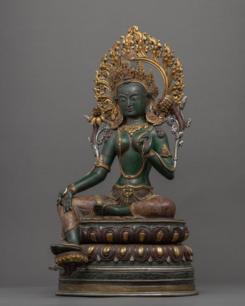 Tibetan Green Tara Guru Sculpture |  Gold-Gilded Statue For Meditation