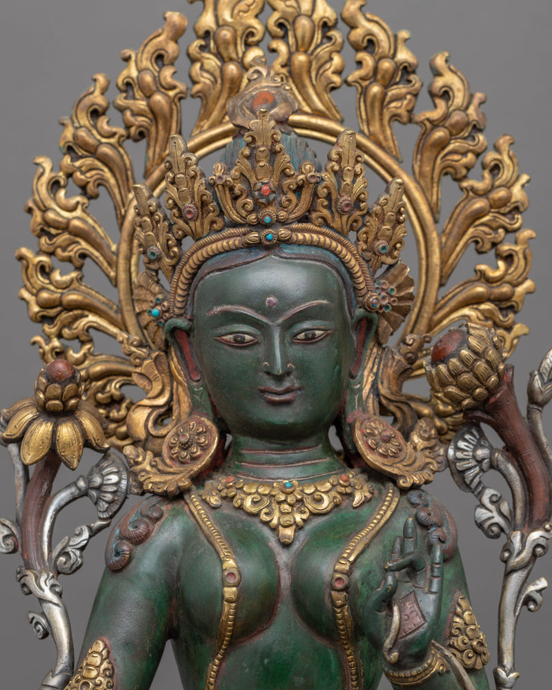 Tibetan Green Tara Guru Sculpture |  Gold-Gilded Statue For Meditation