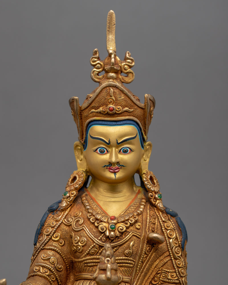 Traditionally Made Guru Rinpoche Hat Statue | Gold-Plated Himalayan Artwork