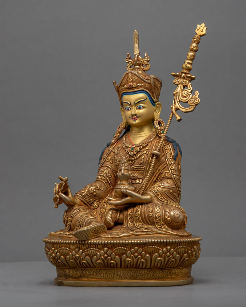 Traditionally Made Guru Rinpoche Hat Statue | Gold-Plated Himalayan Artwork