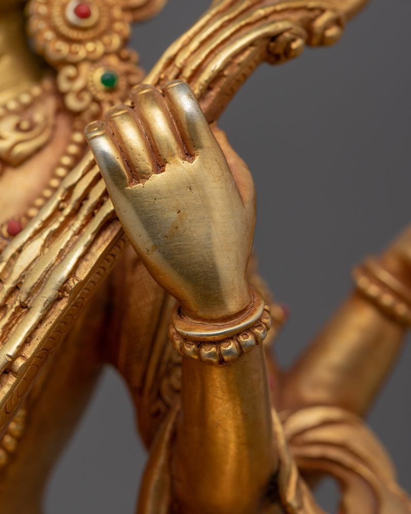 Gold-Gilded Statue For Saraswati Prayer | Buddha Dakini Seated On Throne Sculpture