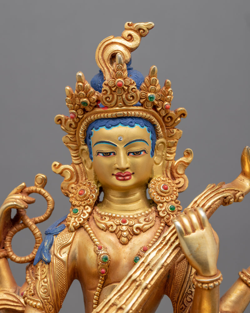 Gold-Gilded Statue For Saraswati Prayer | Buddha Dakini Seated On Throne Sculpture