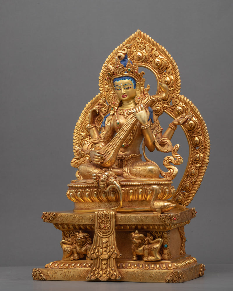 Gold-Gilded Statue For Saraswati Prayer | Buddha Dakini Seated On Throne Sculpture