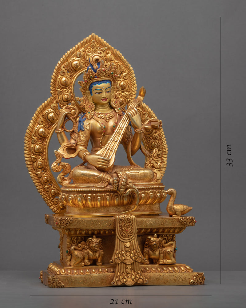 Gold-Gilded Statue For Saraswati Prayer | Buddha Dakini Seated On Throne Sculpture