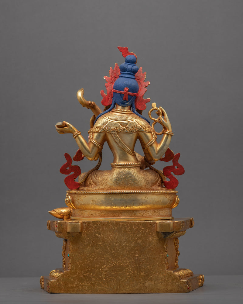 Gold-Gilded Statue For Saraswati Prayer | Buddha Dakini Seated On Throne Sculpture