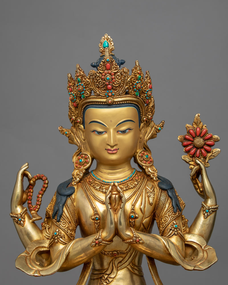 Gold-Gilded Statue For Chenrezig Meditation | Tibetan Buddhist Compassion Deity