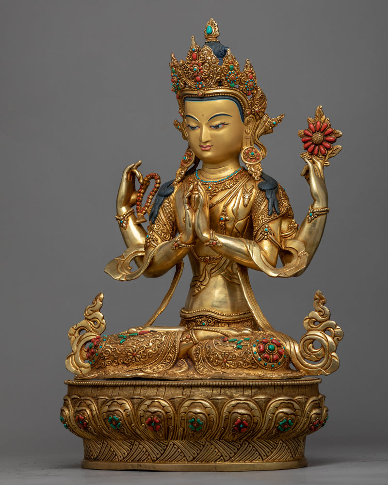 Gold-Gilded Statue For Chenrezig Meditation | Tibetan Buddhist Compassion Deity