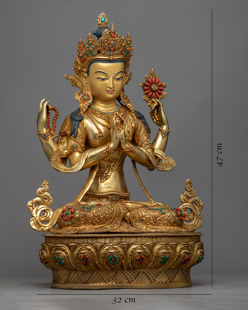 Gold-Gilded Statue For Chenrezig Meditation | Tibetan Buddhist Compassion Deity