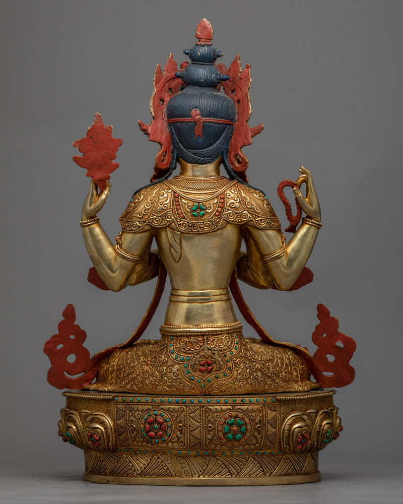 Gold-Gilded Statue For Chenrezig Meditation | Tibetan Buddhist Compassion Deity