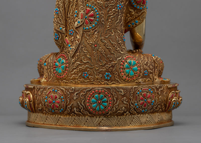 Shakyamuni Buddha In Lotus Flower Statue | Gold-Plated Himalayan Artwork