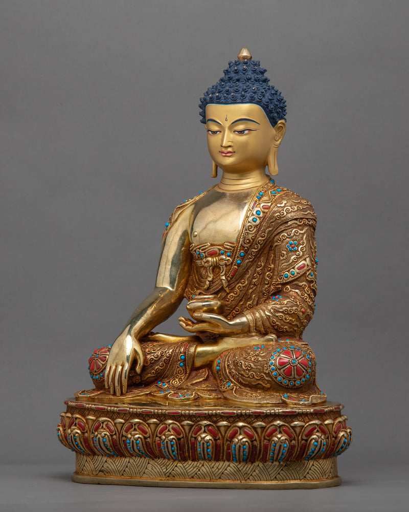 Shakyamuni Buddha In Lotus Flower Statue | Gold-Plated Himalayan Artwork