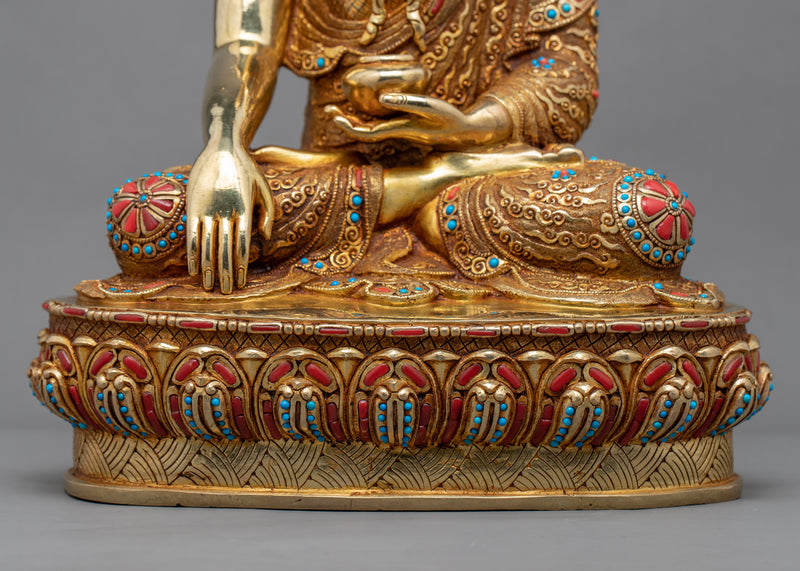 Shakyamuni Buddha In Lotus Flower Statue | Gold-Plated Himalayan Artwork