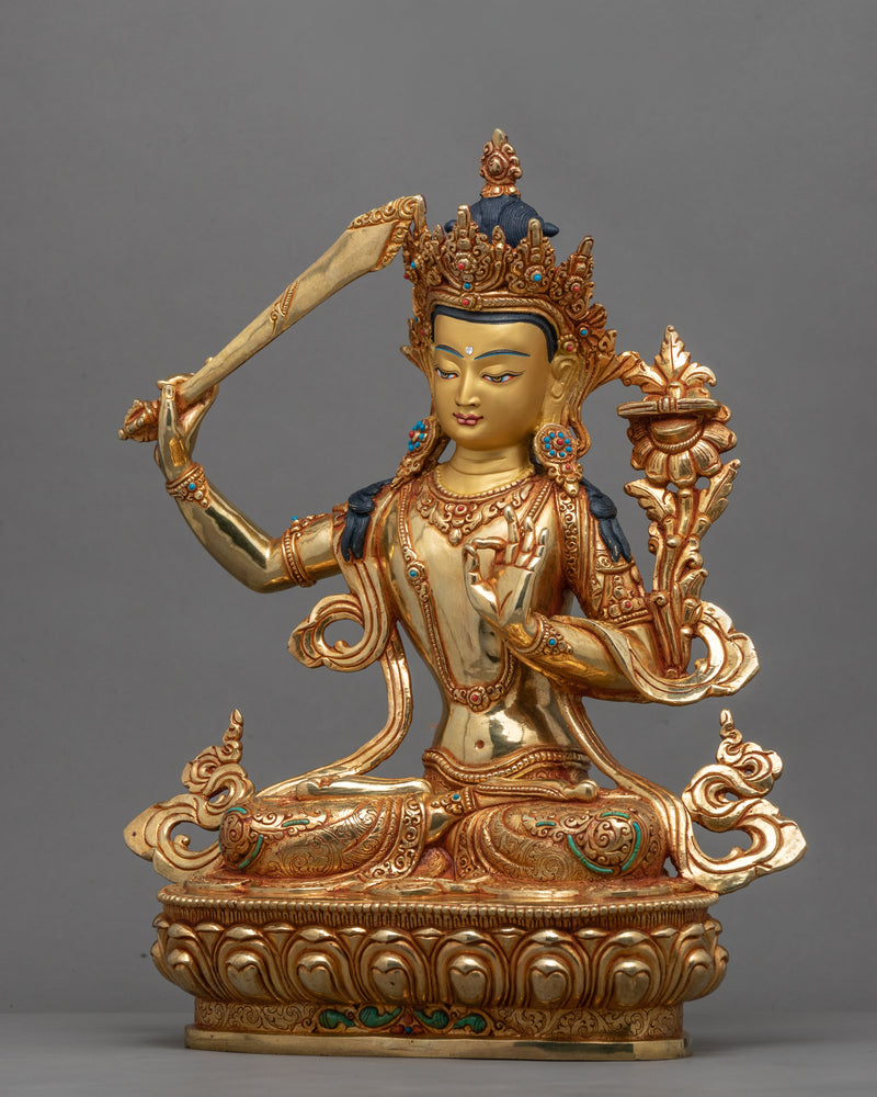 Gold-Gilded Statue For Praise To Manjushri | Buddhist Bodhisattva Of Wisdom Manjushri