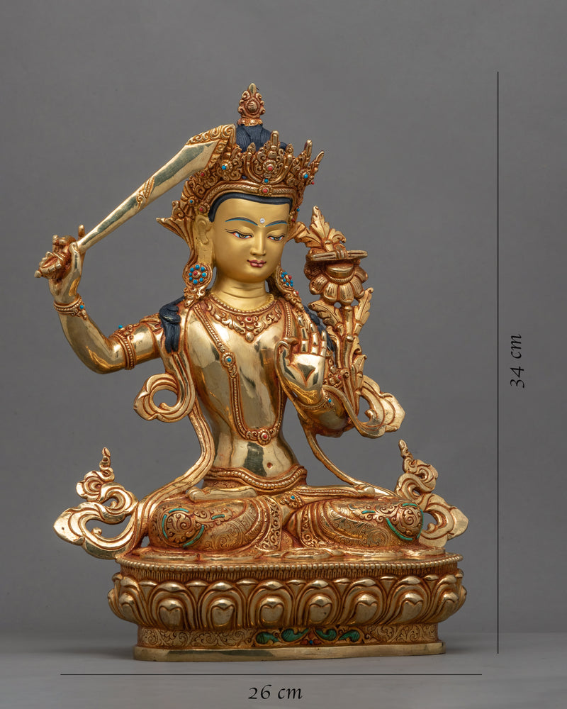 Gold-Gilded Statue For Praise To Manjushri | Buddhist Bodhisattva Of Wisdom Manjushri