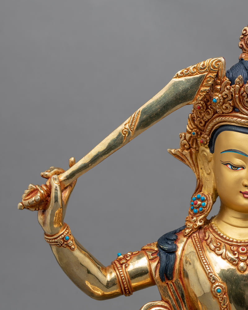 Gold-Gilded Statue For Praise To Manjushri | Buddhist Bodhisattva Of Wisdom Manjushri