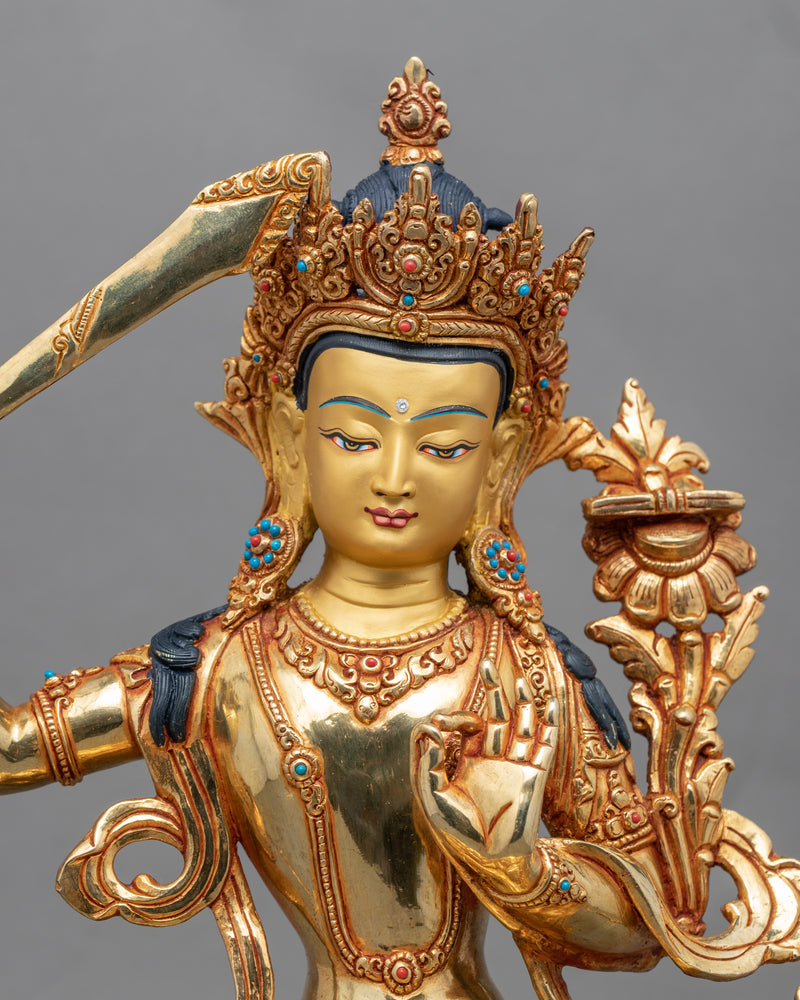 Gold-Gilded Statue For Praise To Manjushri | Buddhist Bodhisattva Of Wisdom Manjushri