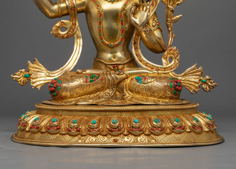 Traditional Himalayan Statue For Manjushri Teachings Practice | Tibetan Art Plated with Gold