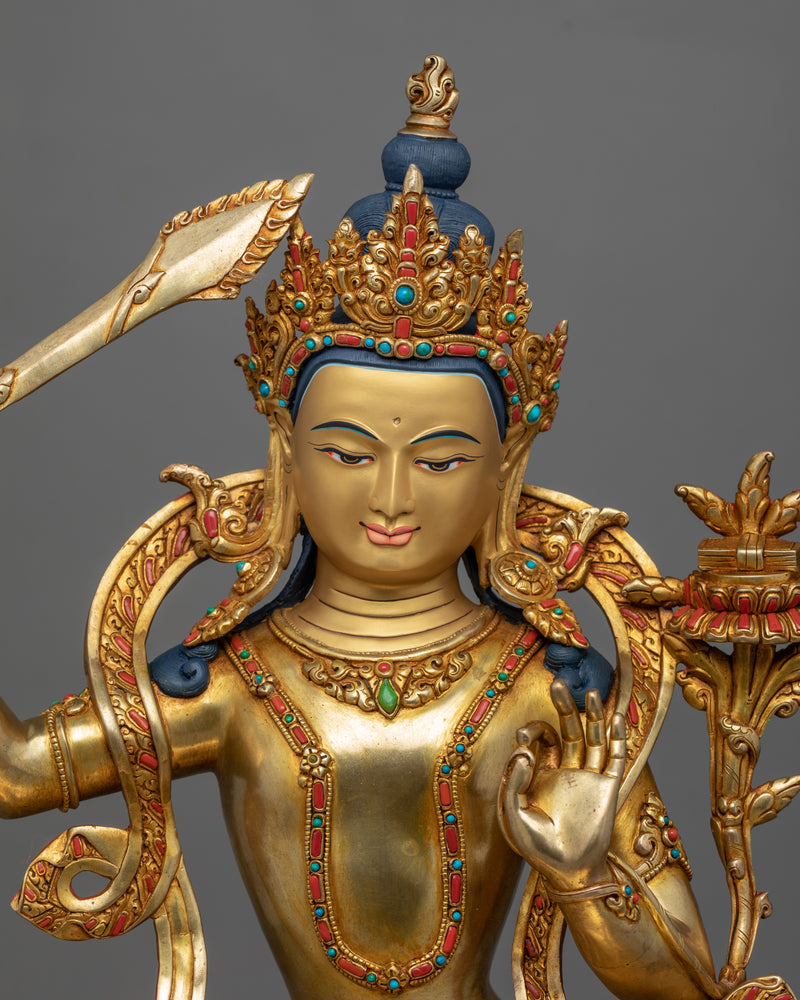 Traditional Himalayan Statue For Manjushri Teachings Practice | Tibetan Art Plated with Gold