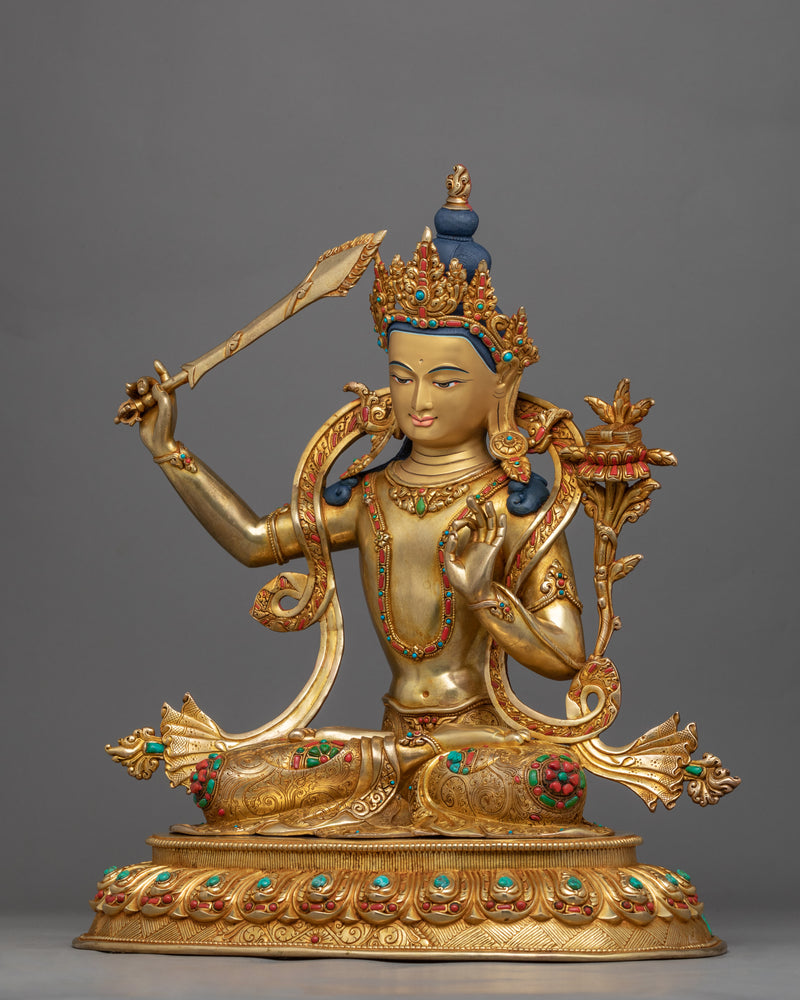 Traditional Himalayan Statue For Manjushri Teachings Practice | Tibetan Art Plated with Gold