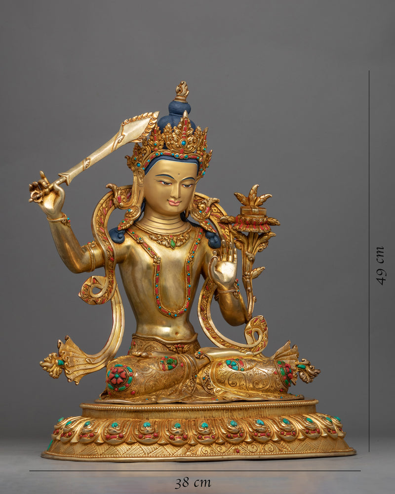 Traditional Himalayan Statue For Manjushri Teachings Practice | Tibetan Art Plated with Gold