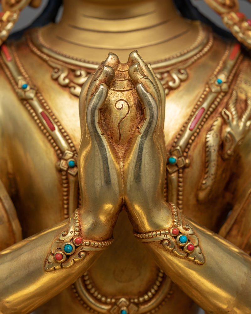 Gold-Gilded Statue For Chenrezig Mantra Tibetan Practice | Traditional Tibetan Art