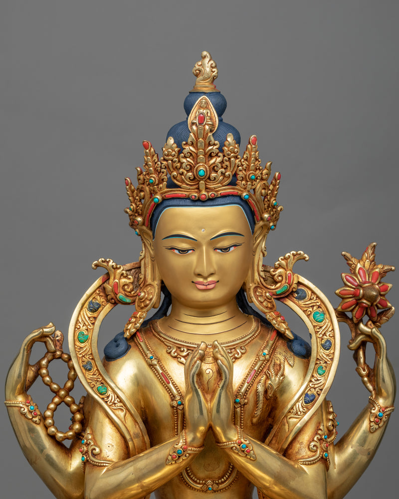 Gold-Gilded Statue For Chenrezig Mantra Tibetan Practice | Traditional Tibetan Art