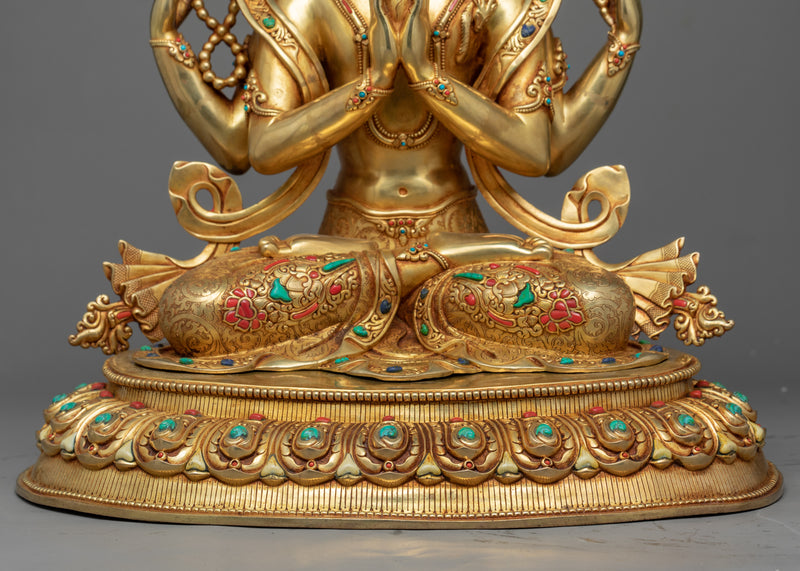 Gold-Gilded Statue For Chenrezig Mantra Tibetan Practice | Traditional Tibetan Art