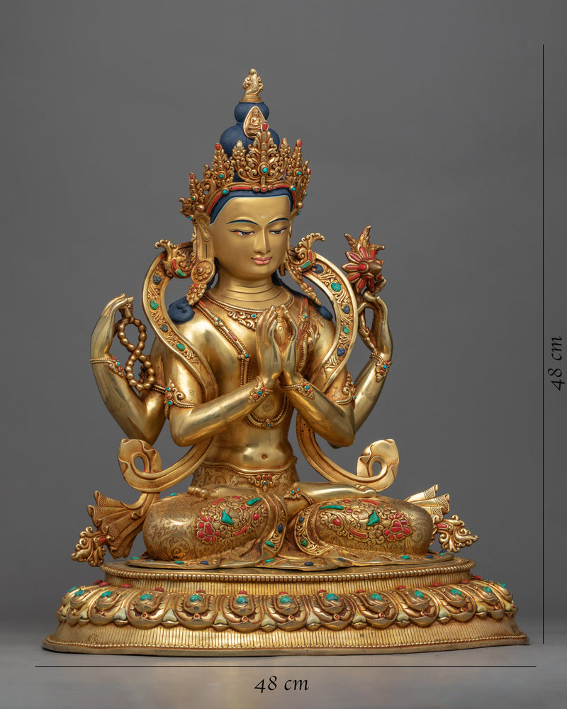 Gold-Gilded Statue For Chenrezig Mantra Tibetan Practice | Traditional Tibetan Art