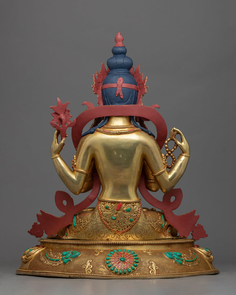 Gold-Gilded Statue For Chenrezig Mantra Tibetan Practice | Traditional Tibetan Art