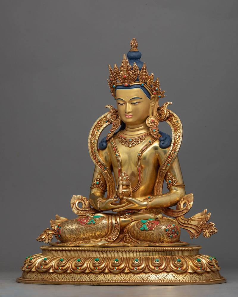 Hand-Carved Amitayus Sadhana Practice Statue | Tibetan Art Plated with Gold