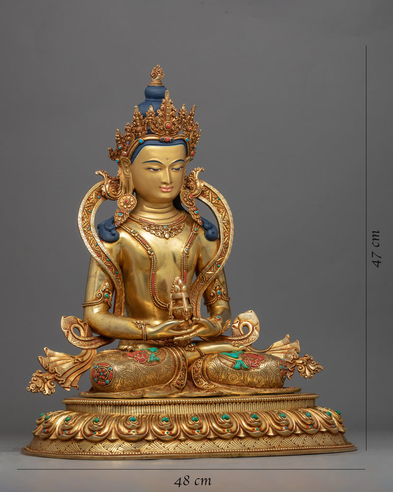 Hand-Carved Amitayus Sadhana Practice Statue | Tibetan Art Plated with Gold