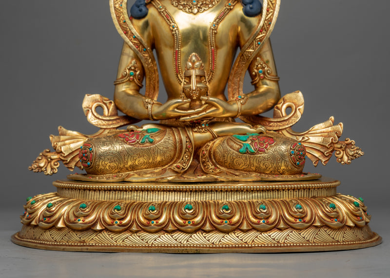 Hand-Carved Amitayus Sadhana Practice Statue | Tibetan Art Plated with Gold