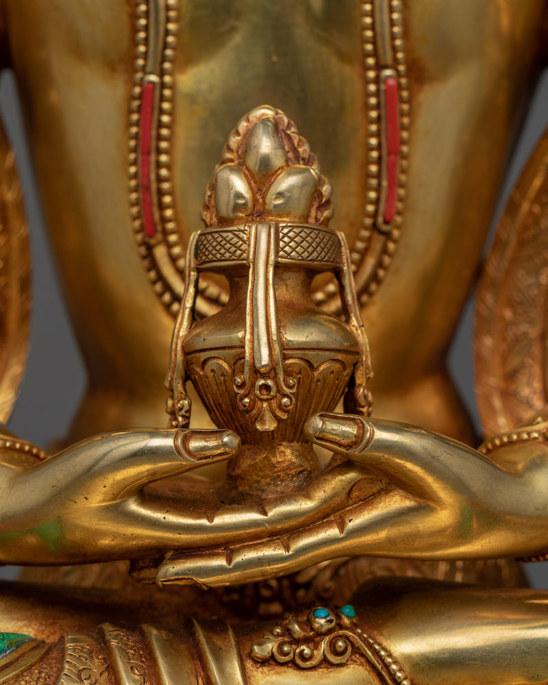 Hand-Carved Amitayus Sadhana Practice Statue | Tibetan Art Plated with Gold