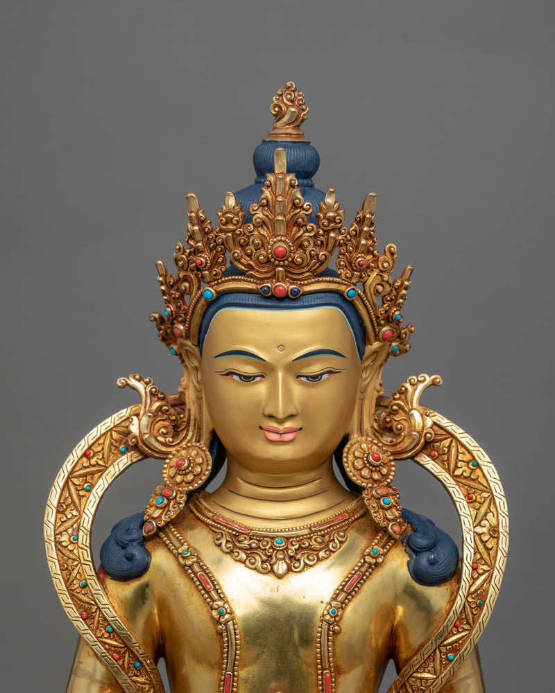 Hand-Carved Amitayus Sadhana Practice Statue | Tibetan Art Plated with Gold