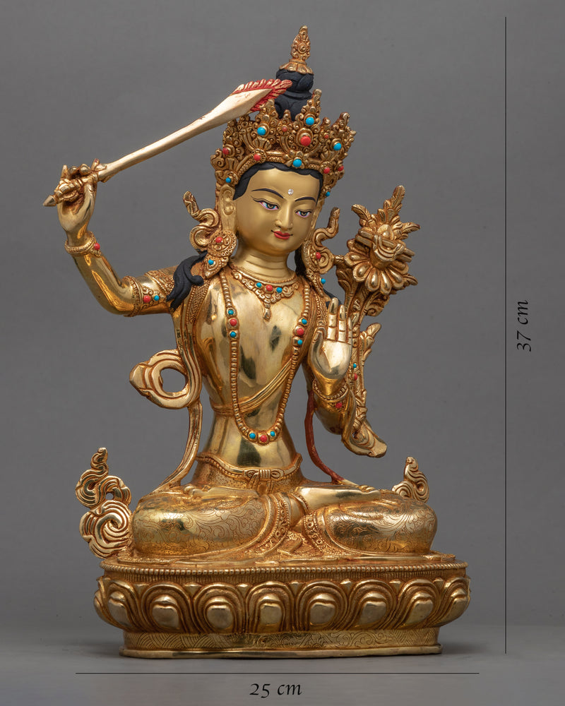 Manjushri Nama Samgiti Practice Statue | Buddhist Bodhisattva Of Compassion Gold Figurine