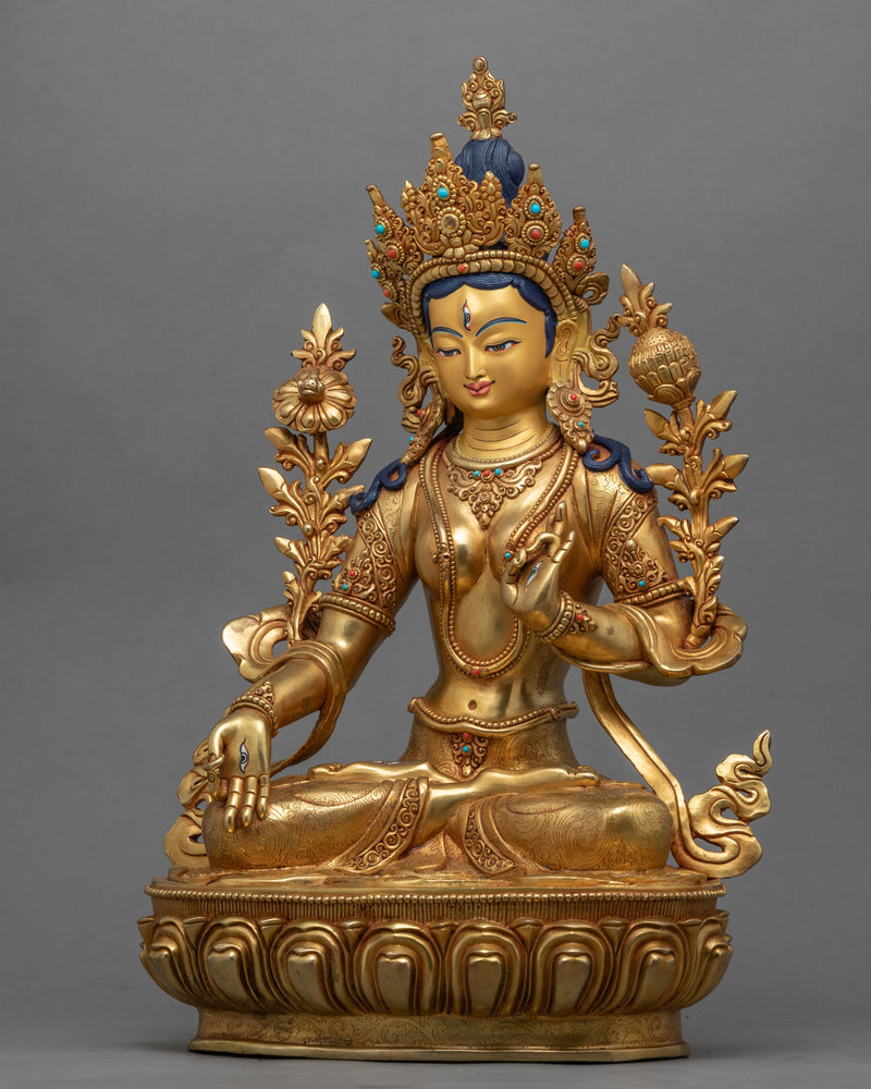 Gold-Gilded White Tara Figurine | Traditionally Hand-Carved Buddhist Deity