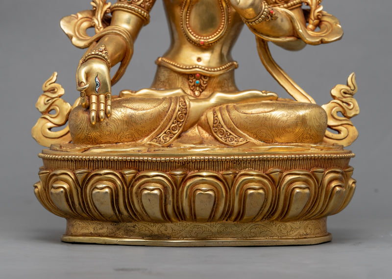 Gold-Gilded White Tara Figurine | Traditionally Hand-Carved Buddhist Deity