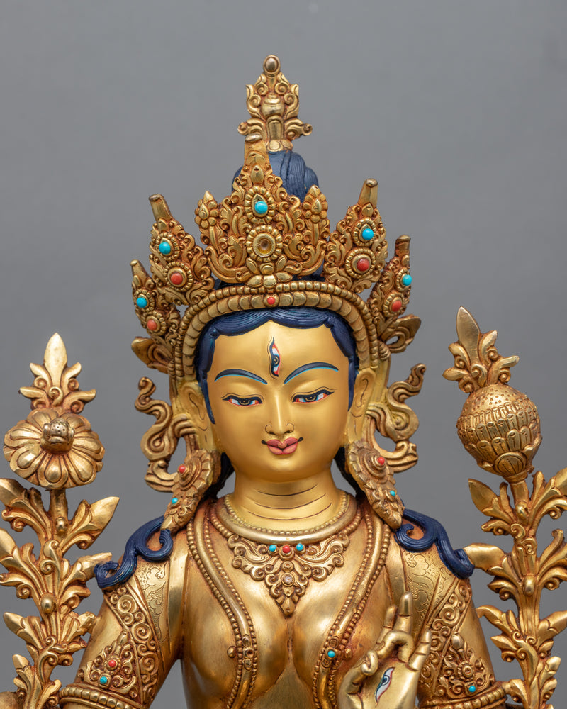 Gold-Gilded White Tara Figurine | Traditionally Hand-Carved Buddhist Deity