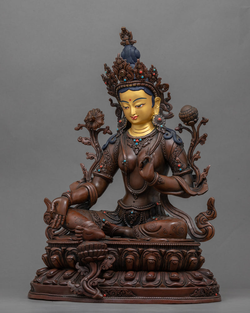 Gold-Gilded Statue Of Green Tara Face For Meditation | Buddhist Deity Figurine For Ritual