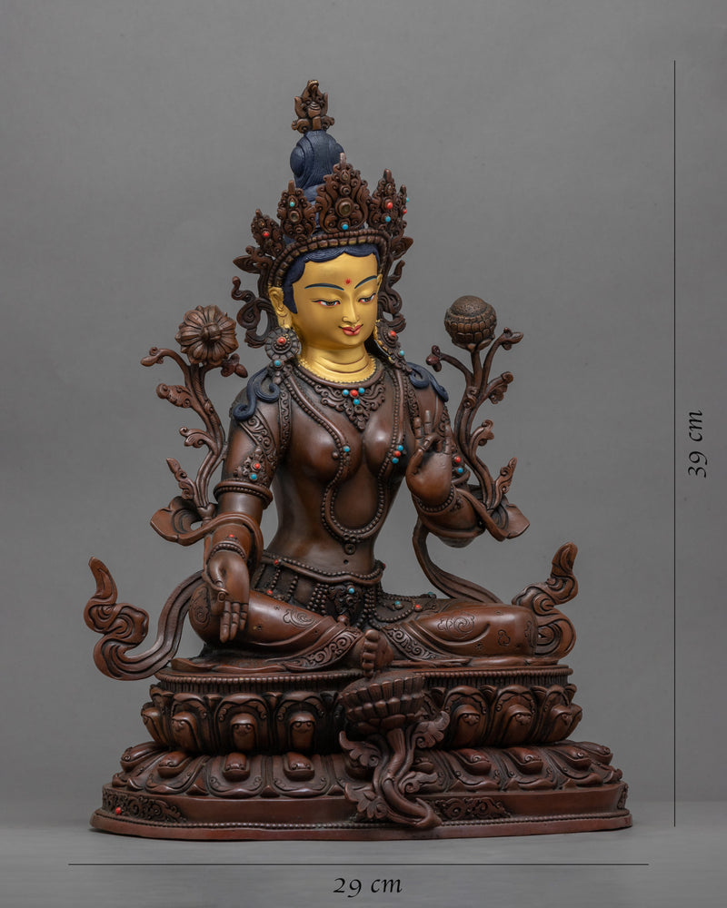 Gold-Gilded Statue Of Green Tara Face For Meditation | Buddhist Deity Figurine For Ritual