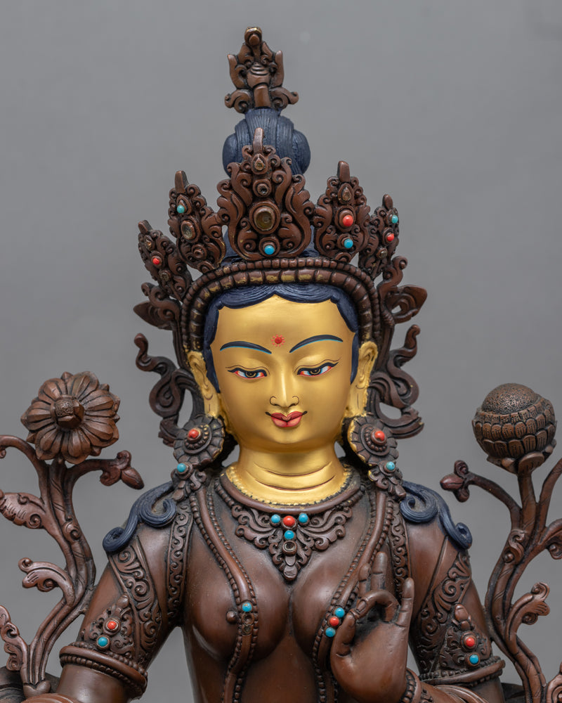 Gold-Gilded Statue Of Green Tara Face For Meditation | Buddhist Deity Figurine For Ritual