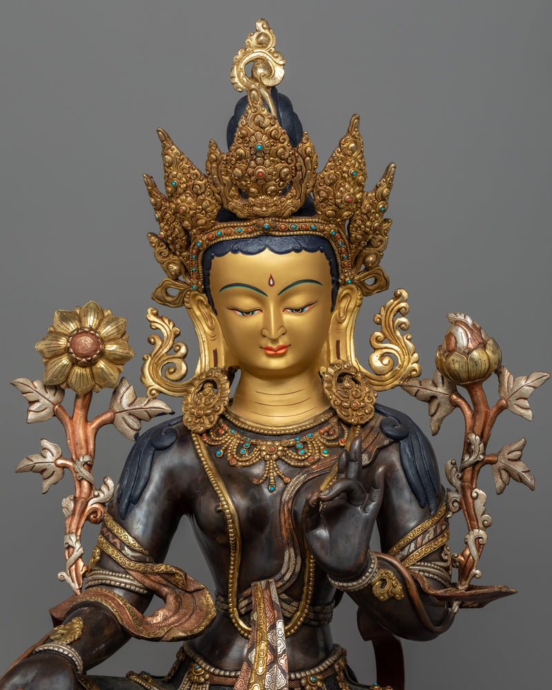 Green Tara Princess Statue | Traditional Tibetan Copper & Gold Statue Of Mother Tara