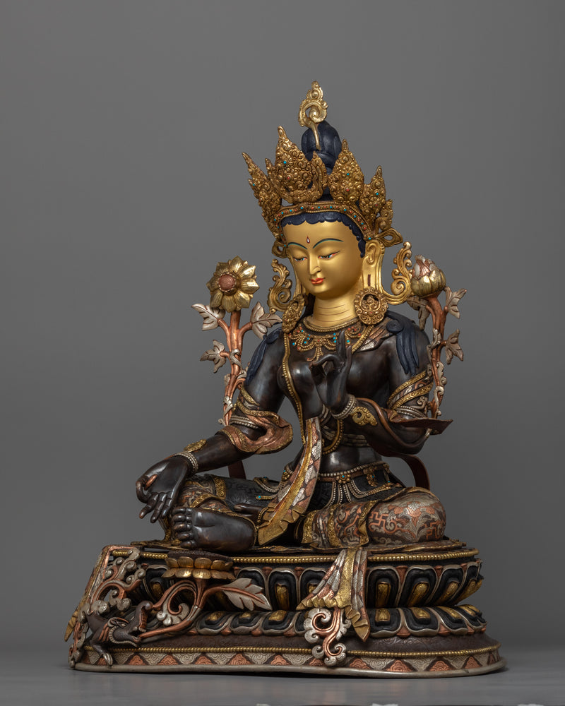 Green Tara Princess Statue | Traditional Tibetan Copper & Gold Statue Of Mother Tara