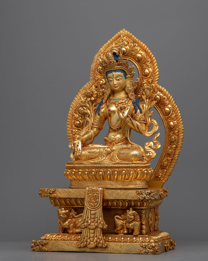 White Tara Empowerment Statue | Tibetan Deity White Tara Seated on Throne Figurine