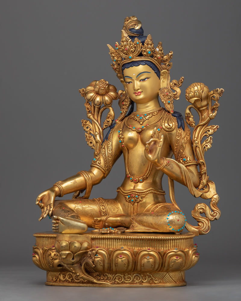 Green Tara Day Prayer Statue | 24K Gold-Gilded Mother Tara Statue