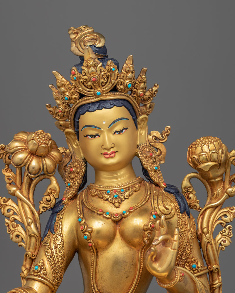 Green Tara Day Prayer Statue | 24K Gold-Gilded Mother Tara Statue