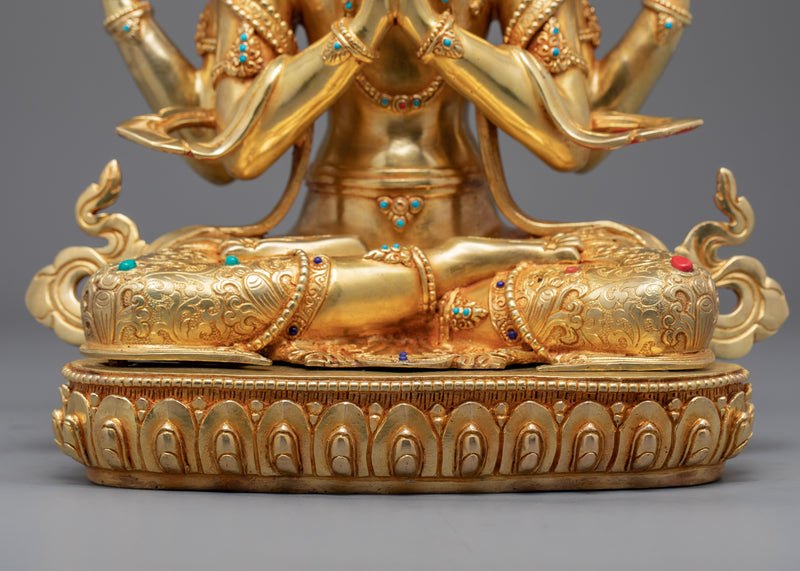 Religious Statue For Mantra Avalokitesvara | Gold Gilded Statue For Meditation