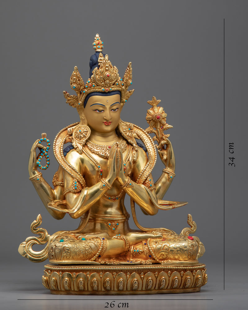 Religious Statue For Mantra Avalokitesvara | Gold Gilded Statue For Meditation