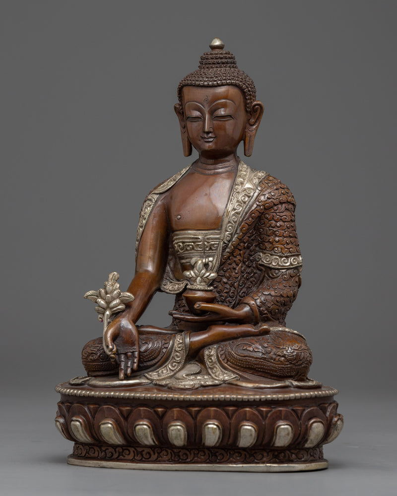 Medicine Buddha Sliver Plated Statue | Traditional Artwork of Tibet