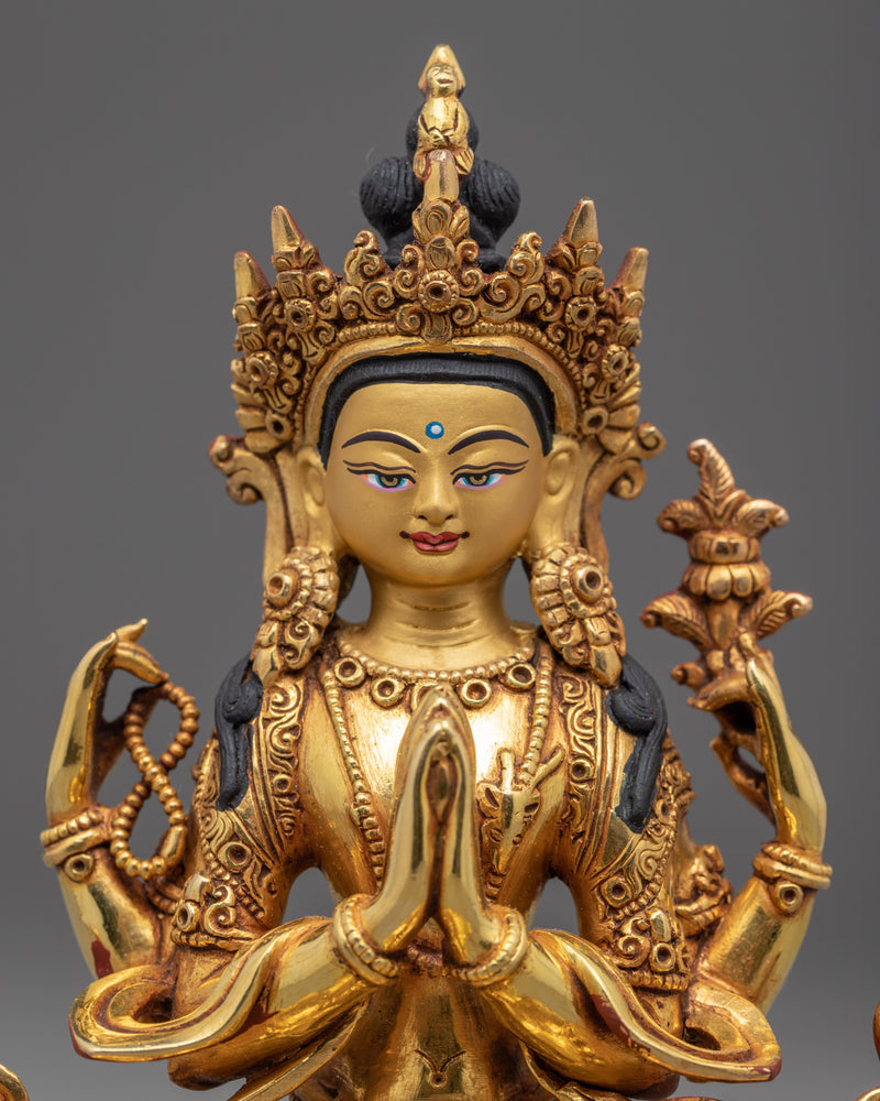 Mantra Of Compassion Avalokiteshvara | Golden Statue of 4 Armed Chenrezig